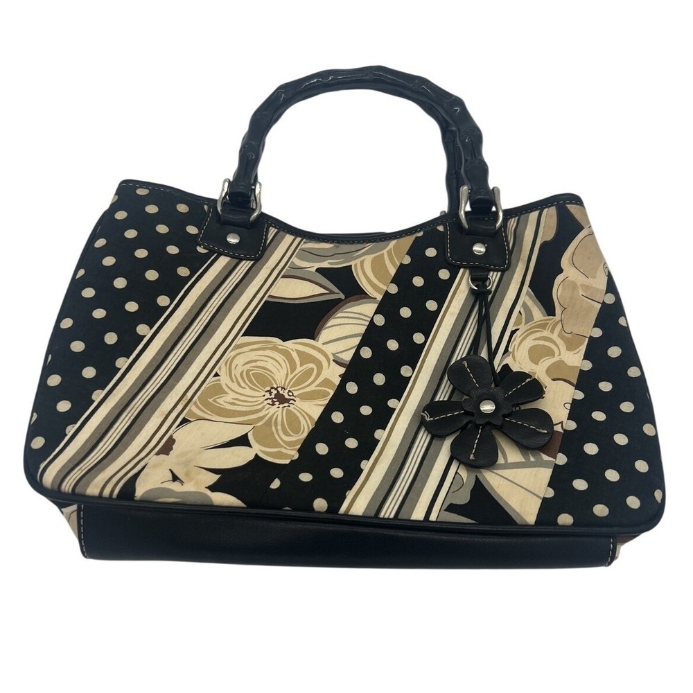 Relic Women's Black‎ Beige Floral Polka Dot Shoulder Handbag Bamboo Handles